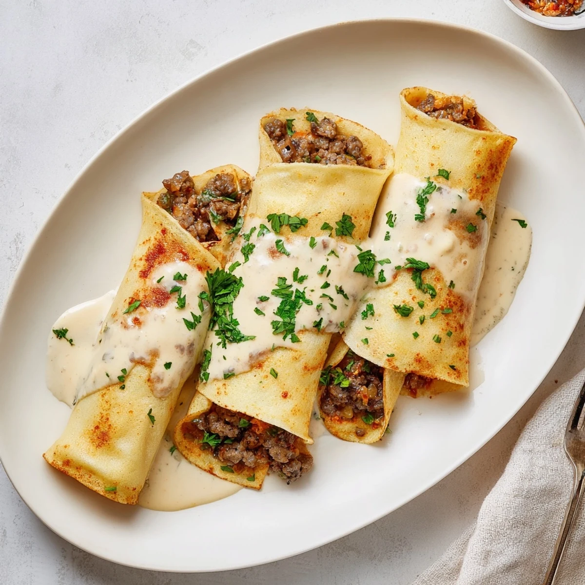 Traditional Hortobágyi palacsinta featuring tender meat-stuffed crepes smothered in rich paprika cream sauce