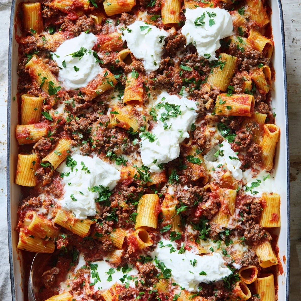 Golden bubbly Easy Baked Rigatoni with ground beef topped with melted mozzarella cheese