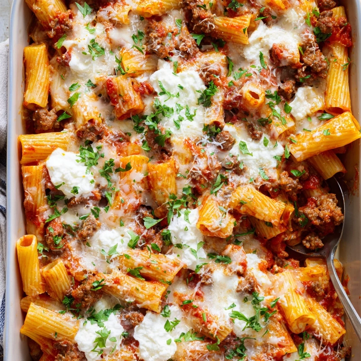 Comforting Easy Baked Rigatoni with ground beef in red sauce with fresh parsley garnish