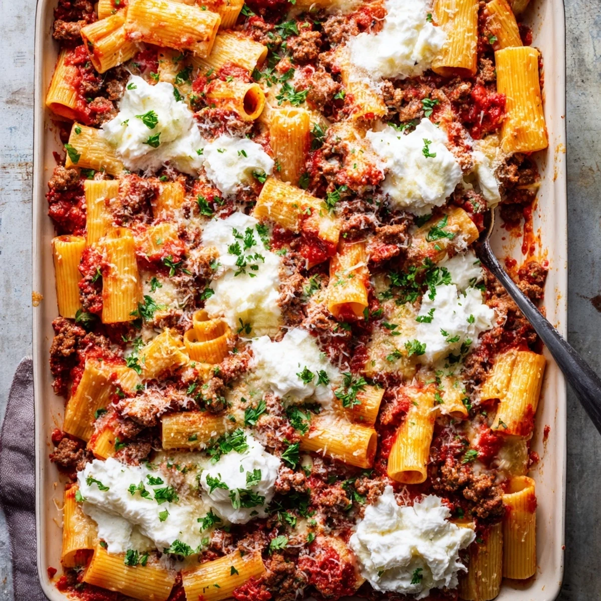 Homemade Easy Baked Rigatoni with ground beef layered with ricotta and golden cheesy crust