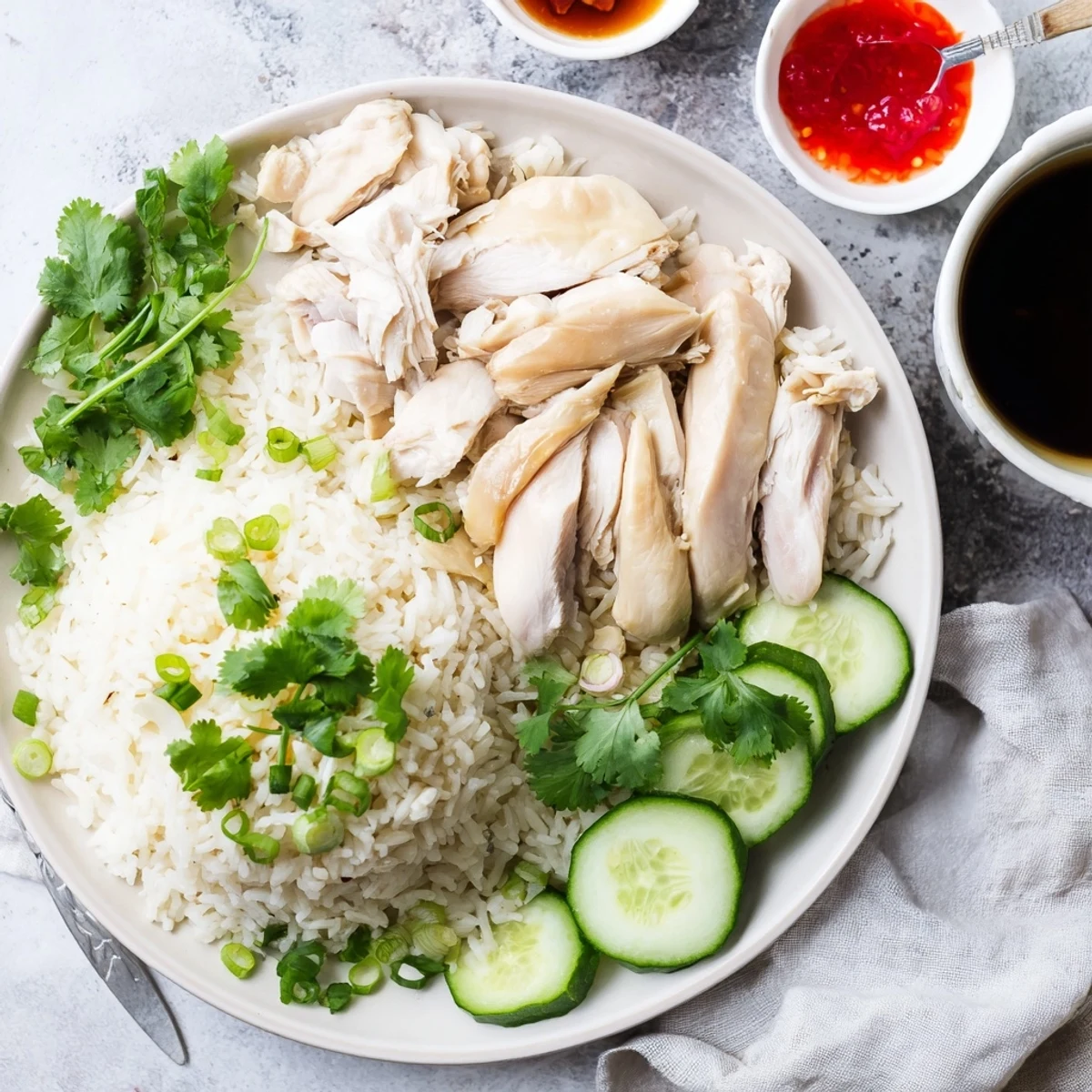 Golden Hainanese chicken rice plate garnished with fresh cilantro and sliced cucumber
