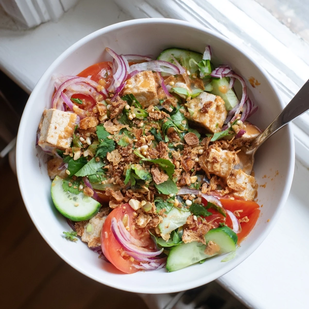 Golden silken tofu cubes tossed with fresh herbs and crisp vegetables in a tangy nutty dressing