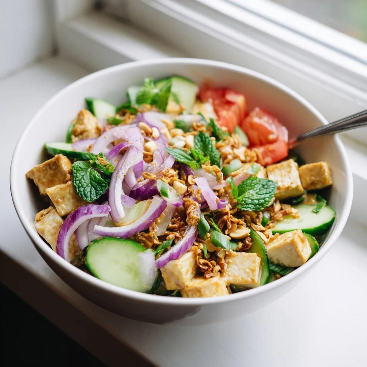Vibrant Burmese tofu salad topped with roasted peanuts and crispy shallots on a white serving plate