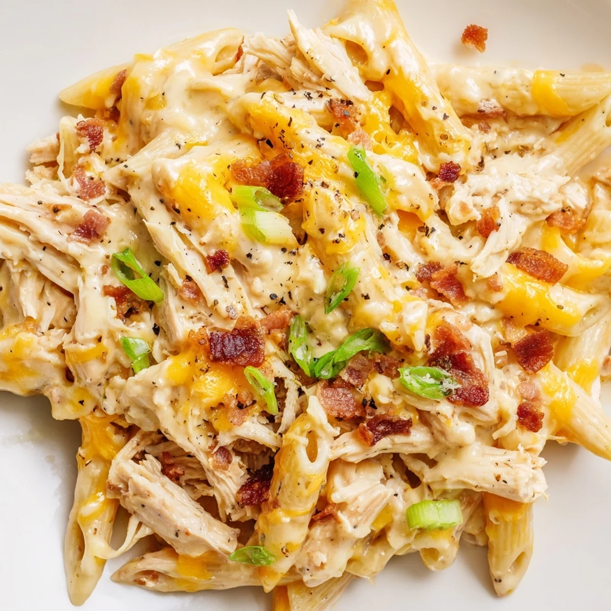 Creamy crack chicken pasta topped with crispy bacon, melted cheddar, and fresh green onions in a white bowl