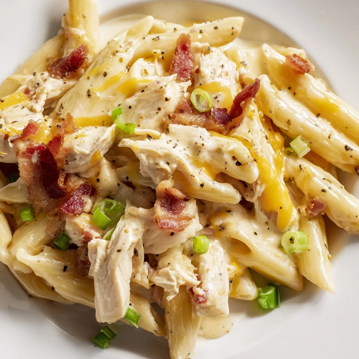 Close-up of comforting crack chicken pasta with tender chicken pieces, bacon bits, and rich ranch cream sauce