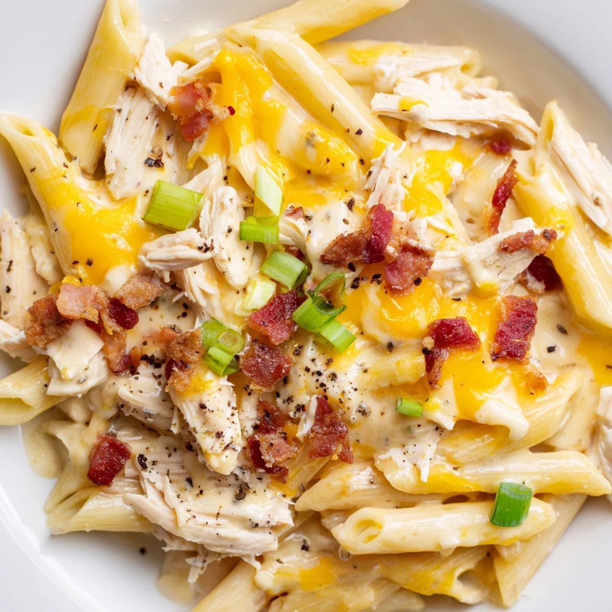 Steaming bowl of cheesy crack chicken pasta featuring shredded chicken, penne noodles, and golden parmesan garnish