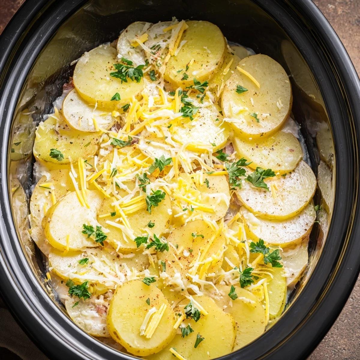 Golden Crockpot scalloped potatoes bubbling with melted cheddar and creamy garlic sauce
