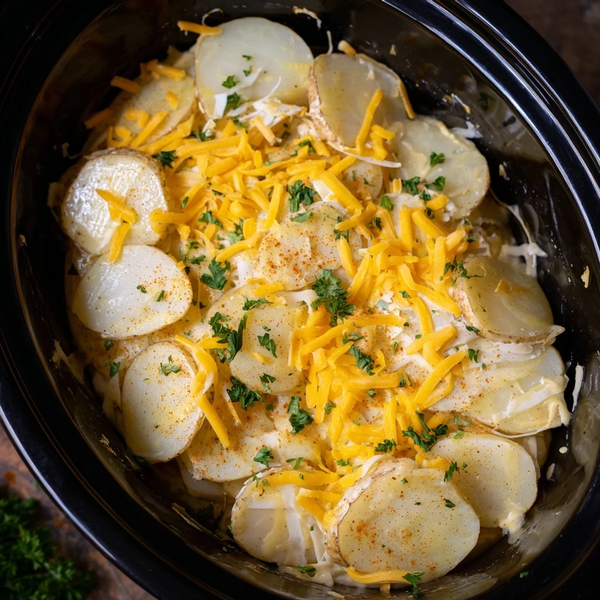 Tender layered potato slices slow-cooked in crockpot with rich cheese and onion