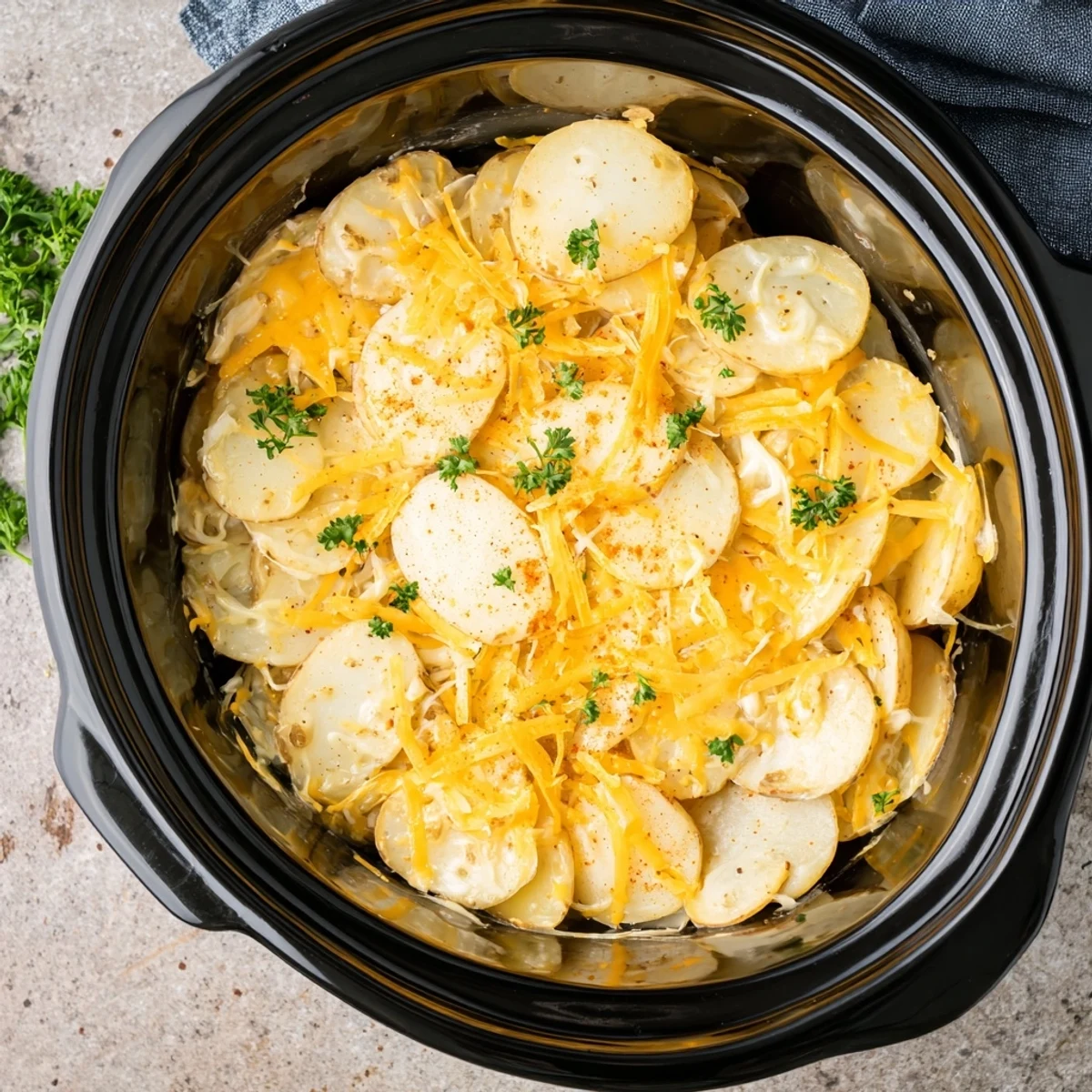 Creamy Crockpot scalloped potatoes topped with golden cheese and fresh parsley garnish