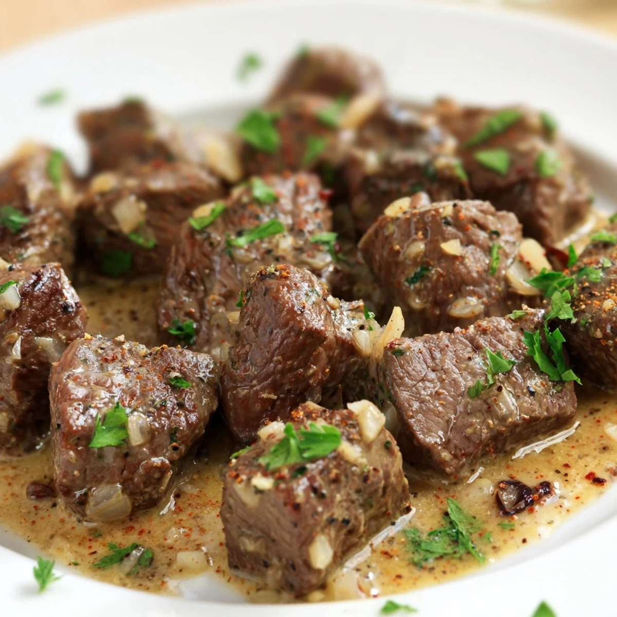 Tender crockpot steak bites coated in garlic butter sauce and garnished with fresh parsley