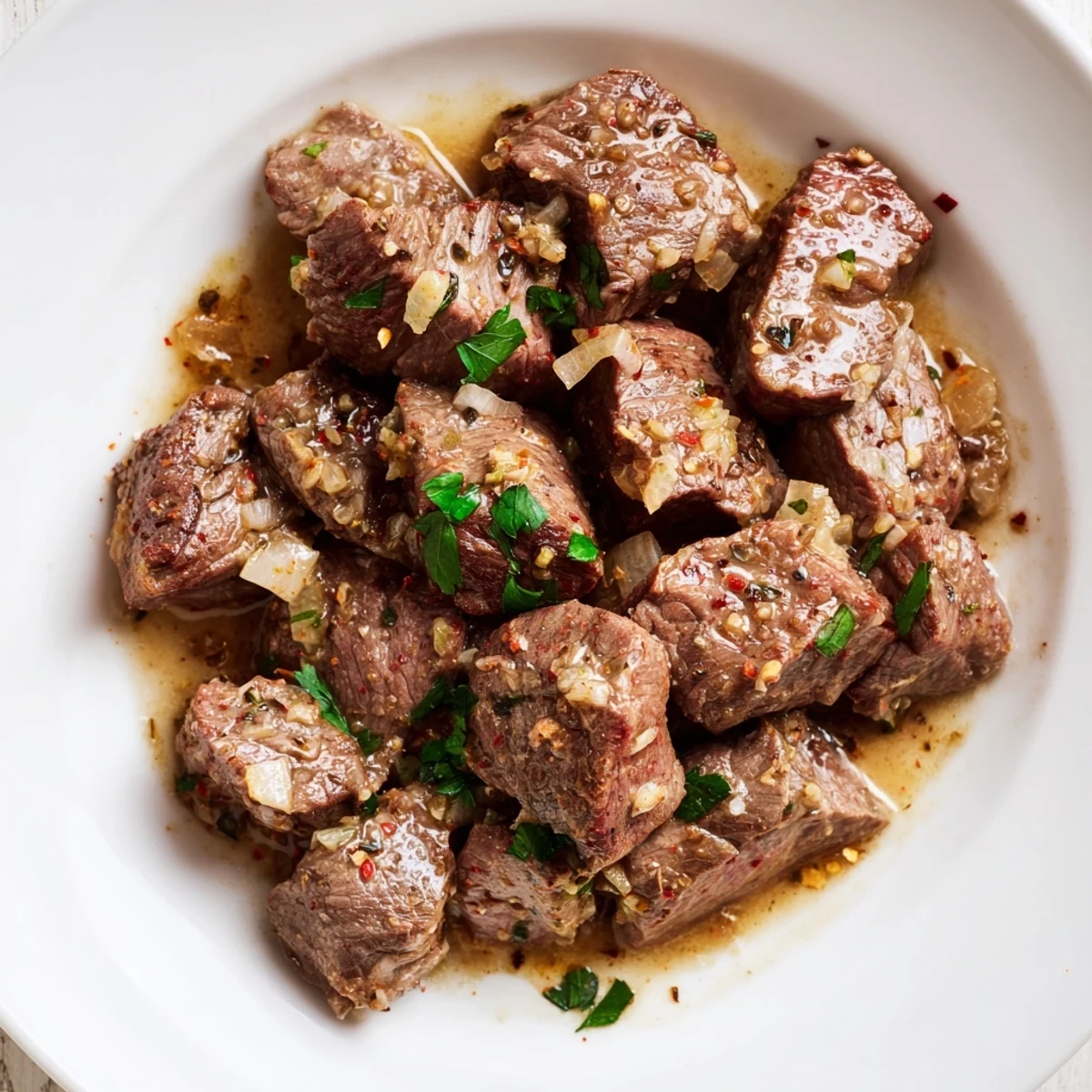 Juicy cubed sirloin steak bites slow cooked with herbs and Worcestershire in a crockpot