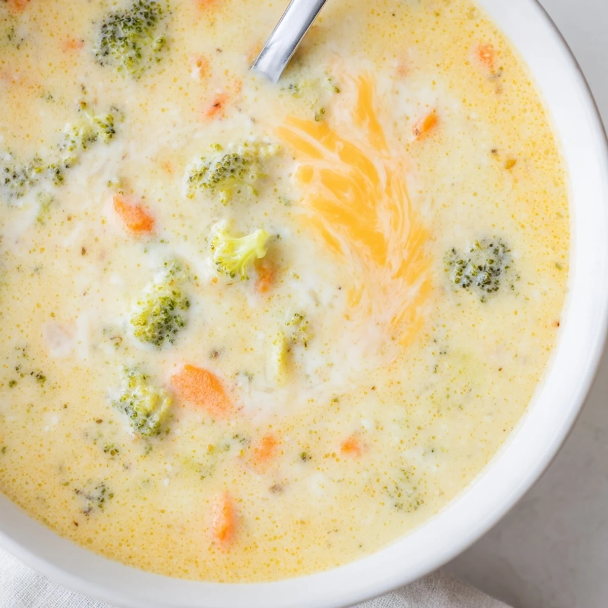 Creamy Instant Pot broccoli cheddar soup garnished with extra shredded cheese in a white bowl.