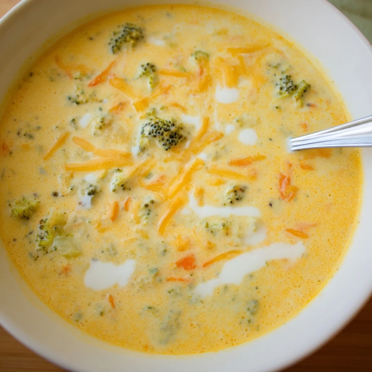 Steaming bowl of homemade broccoli cheddar soup with tender green florets and melted cheddar.