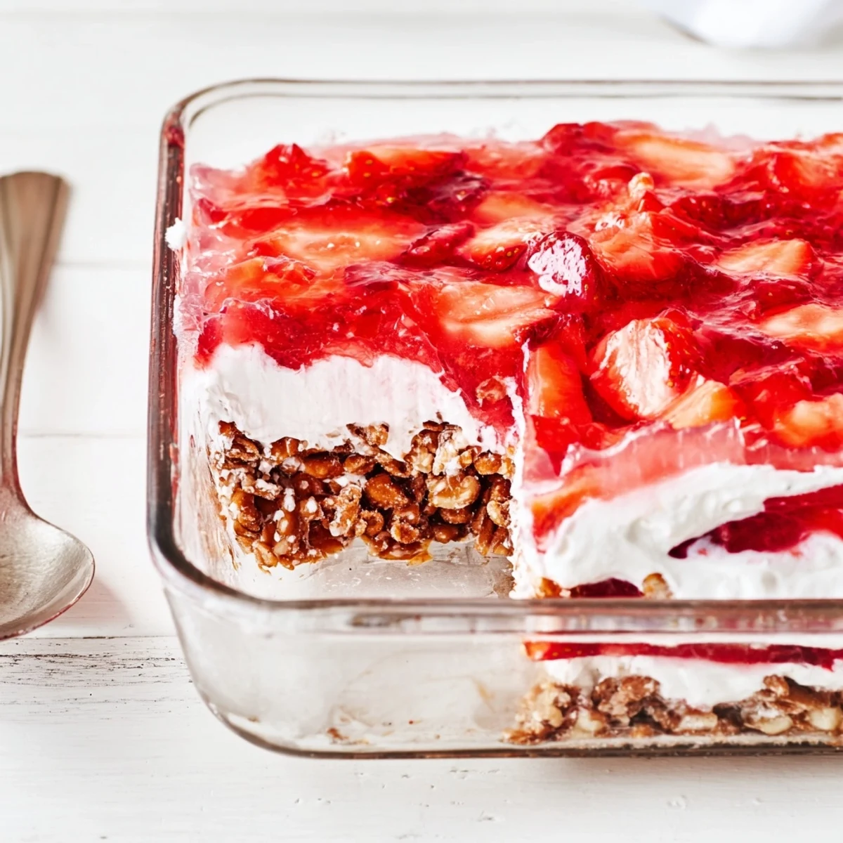 Fresh strawberry crackle salad layered with strawberries, creamy filling, and pretzel crust in a glass dish