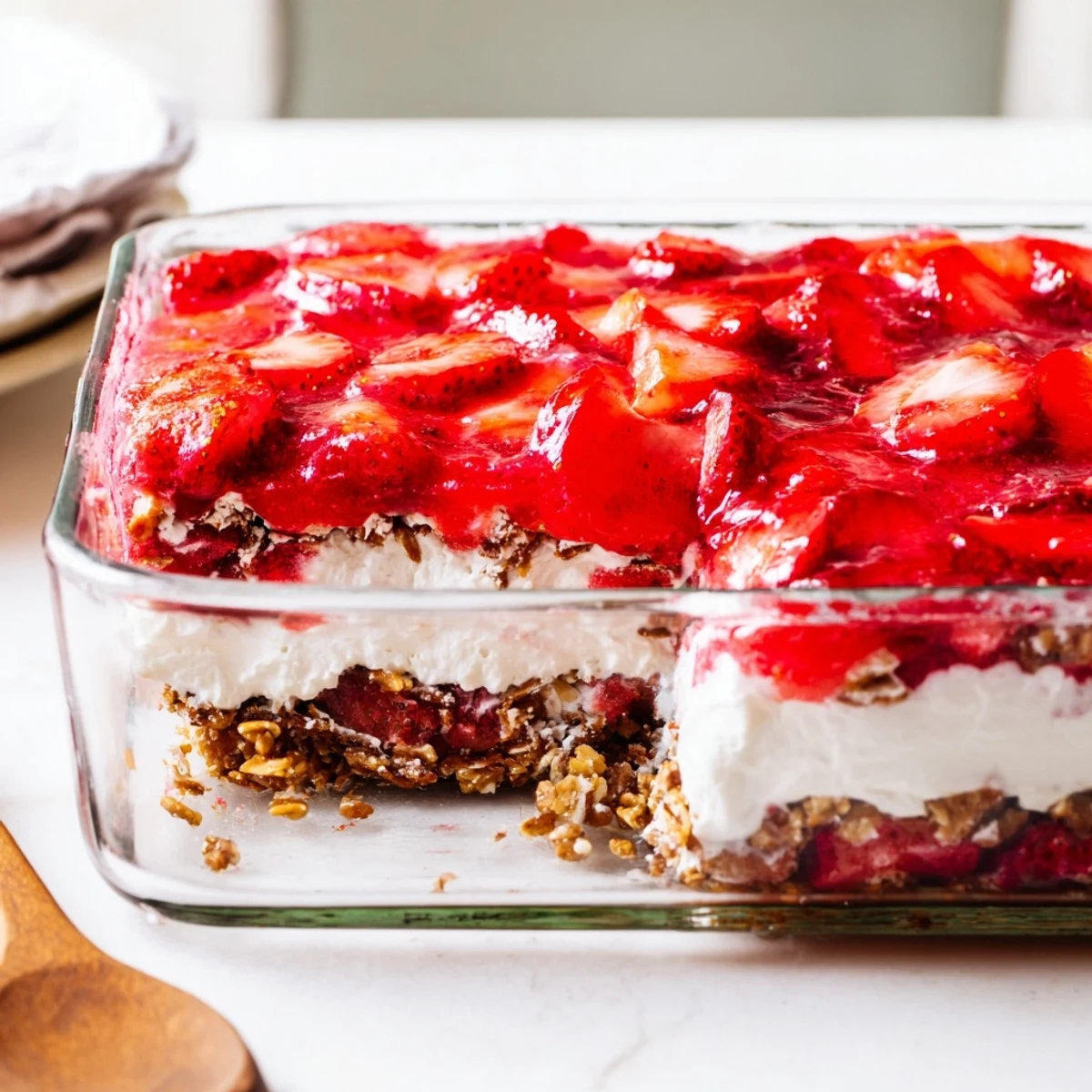 Creamy strawberry crackle salad showcasing three distinct layers of strawberries, cream cheese, and crunchy pretzel base
