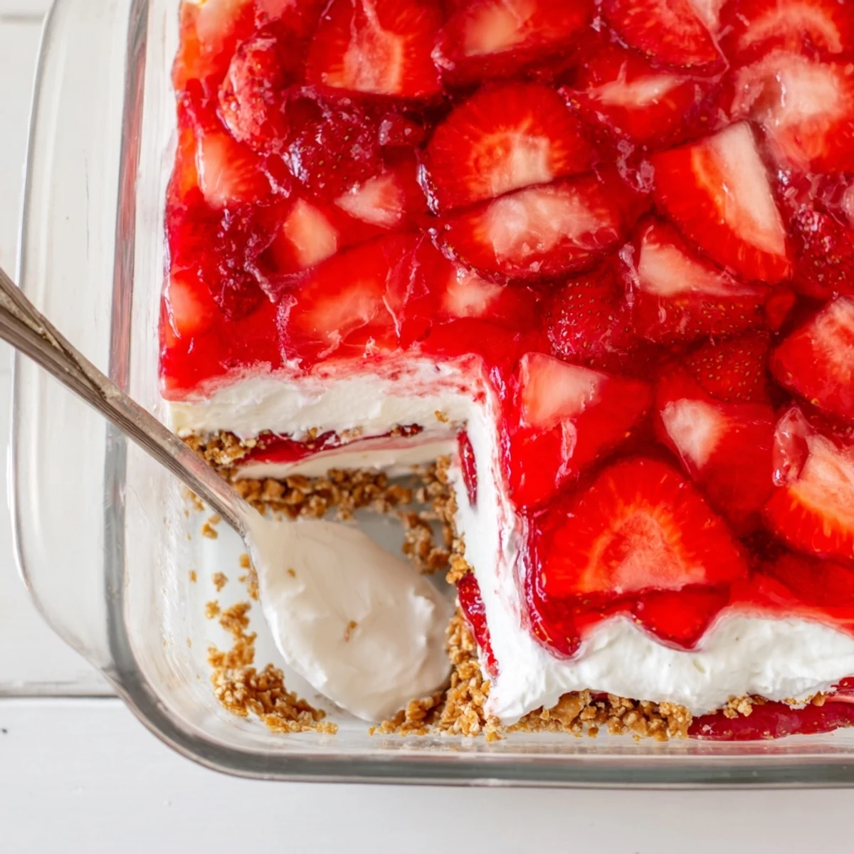 Sliced strawberries arranged over fluffy cream cheese layer in this homemade strawberry crackle salad dessert