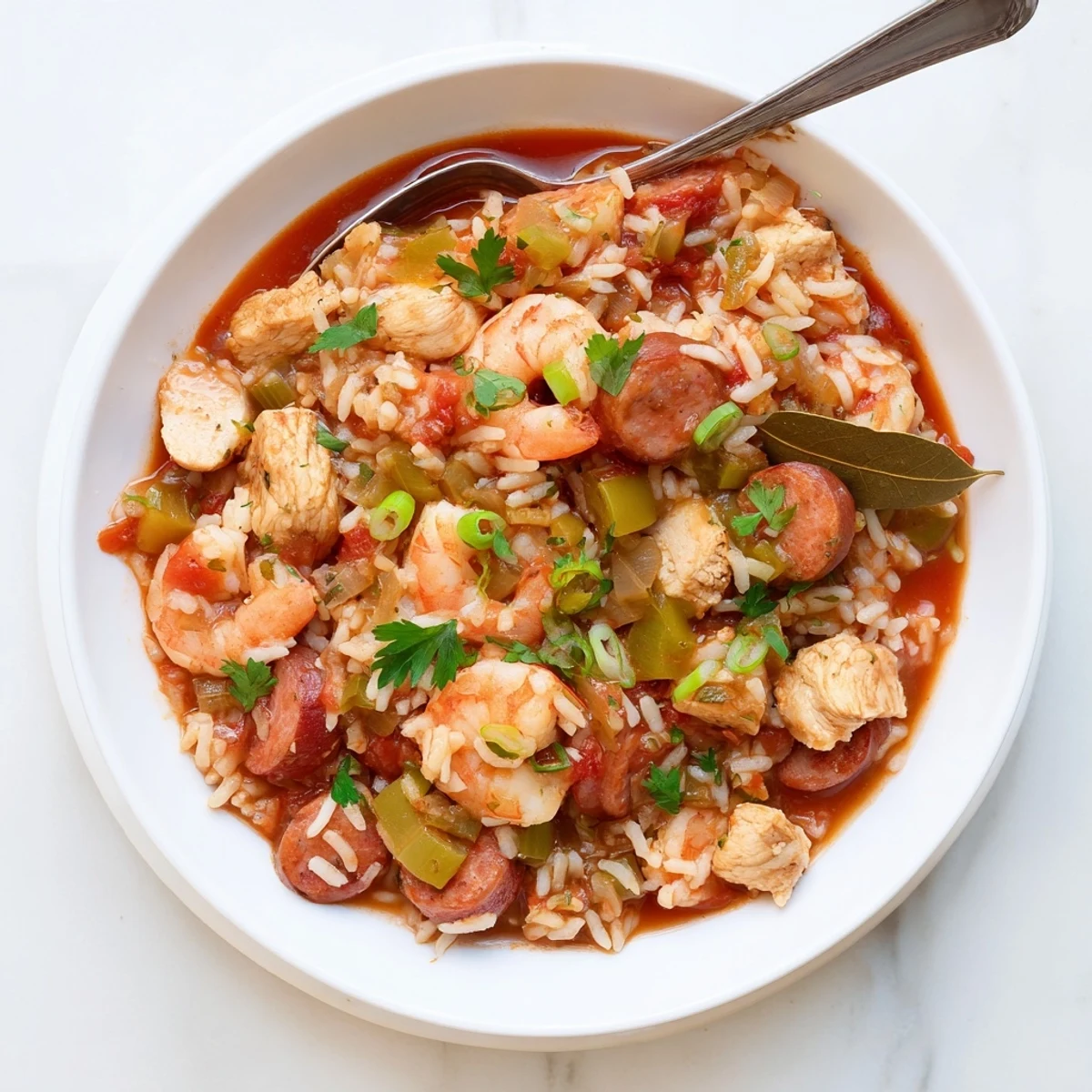 Steamy bowl of Crock Pot Jambalaya loaded with chicken, sausage, and shrimp over fluffy white rice