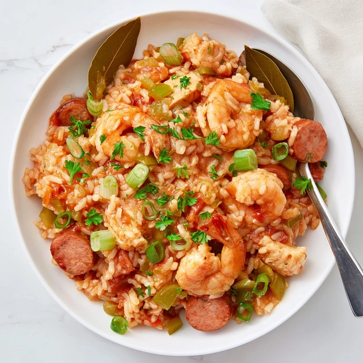Colorful Crock Pot Jambalaya featuring plump shrimp, sliced andouille sausage, and chicken in a rich tomato broth