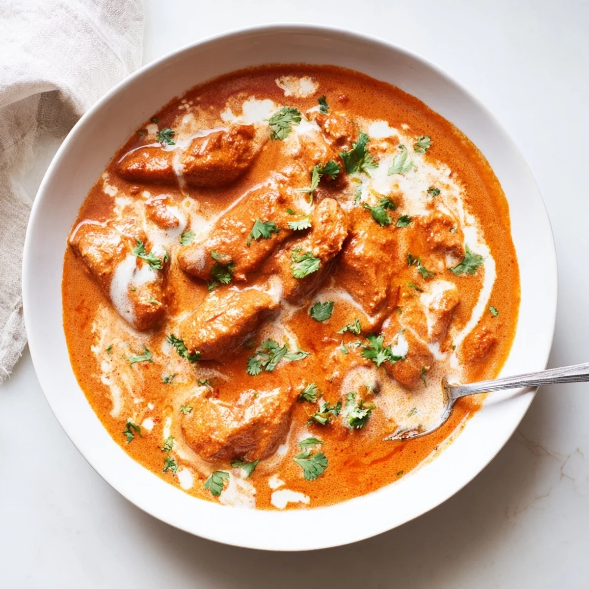 Golden chicken thighs swimming in silky spiced curry sauce perfect with warm naan bread