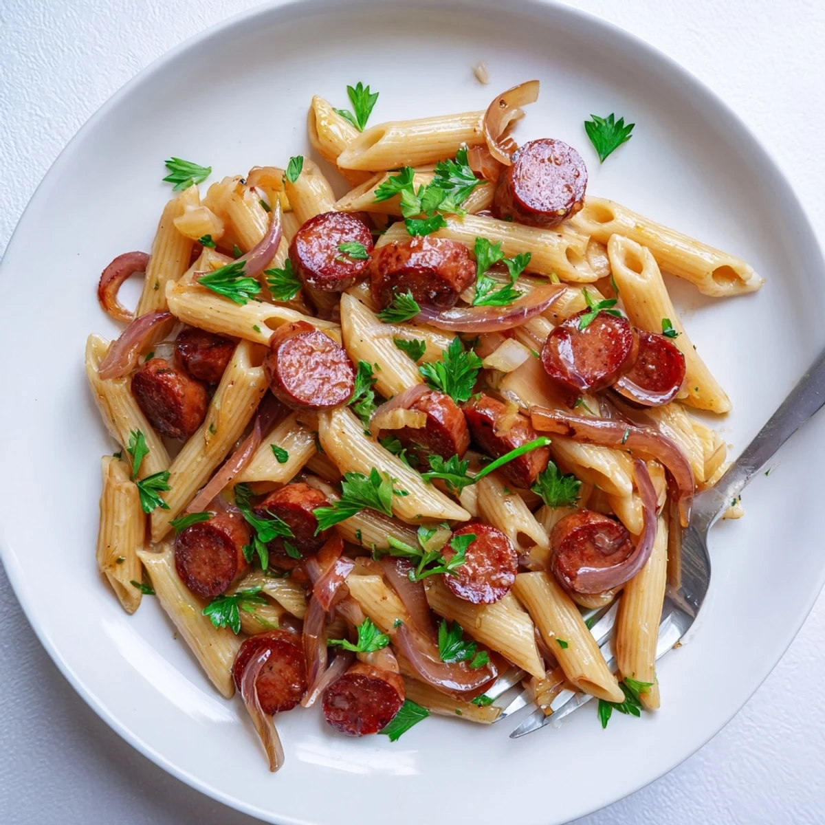 Golden honey garlic sauce coats tender pasta and browned sausage slices in this savory skillet meal