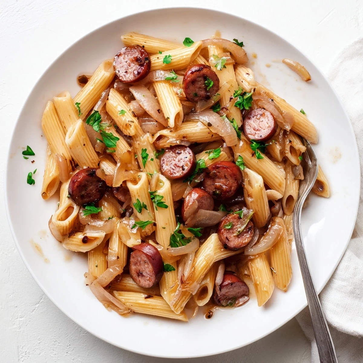 Steam rises from a cast iron skillet filled with sticky honey garlic sausage pasta garnished with fresh parsley