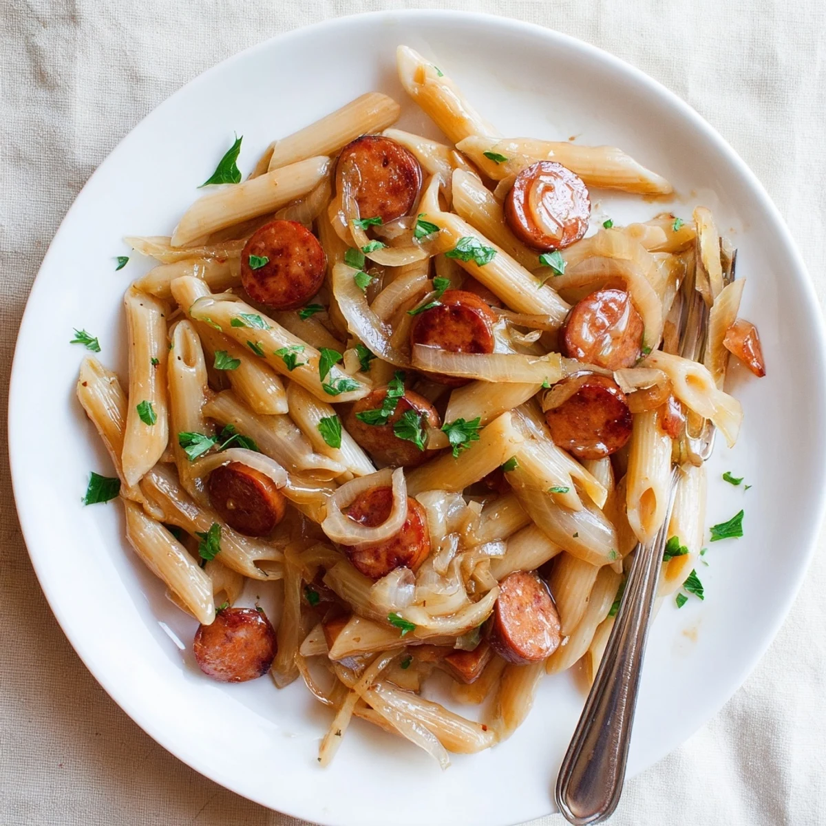 Tangled pasta glistens with sweet honey garlic glaze alongside juicy smoked sausage in this one-pan dinner