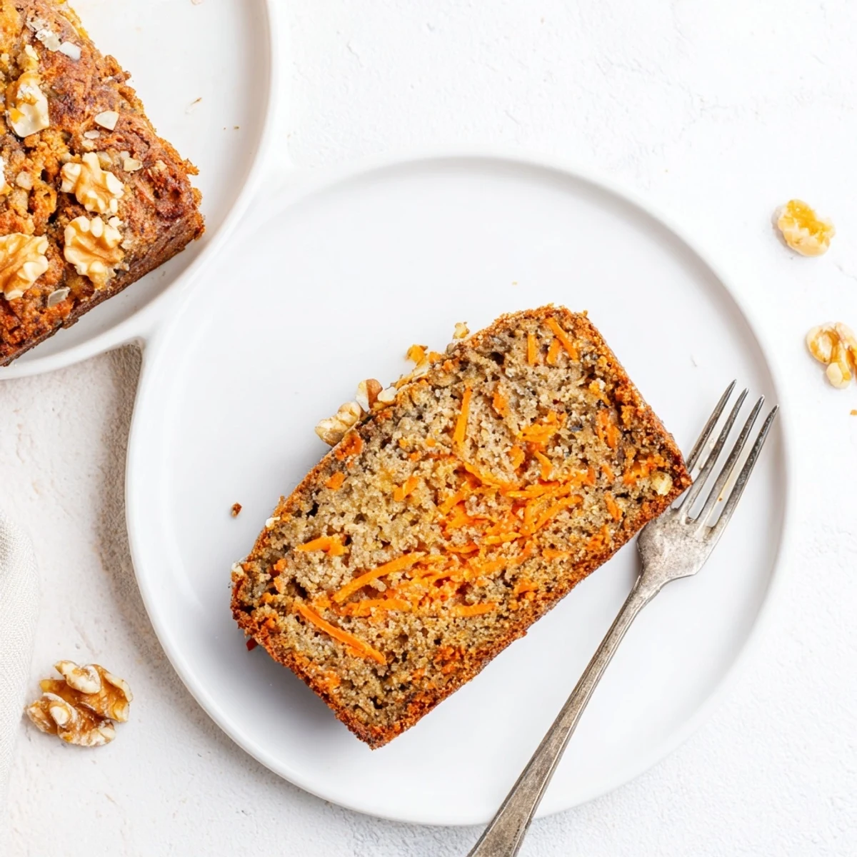 Golden brown carrot cake banana bread loaf sliced on a wooden cutting board with visible grated carrot flecks and chopped walnuts throughout the moist spiced crumb