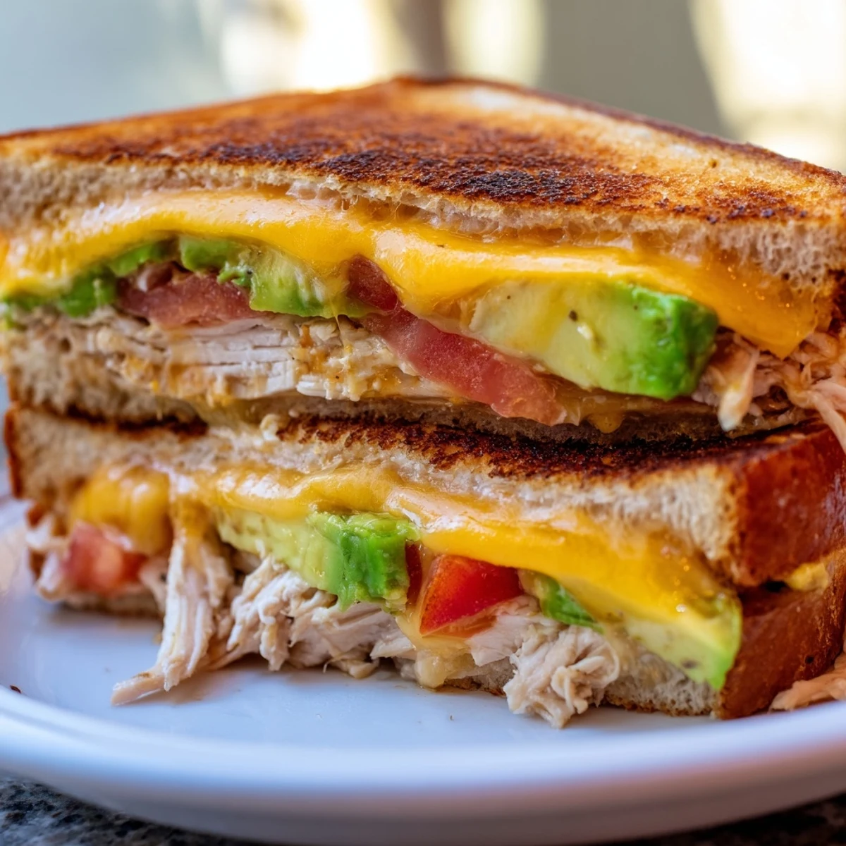 Golden toasted chicken avocado melt sandwich with gooey melted cheese and fresh sliced avocado