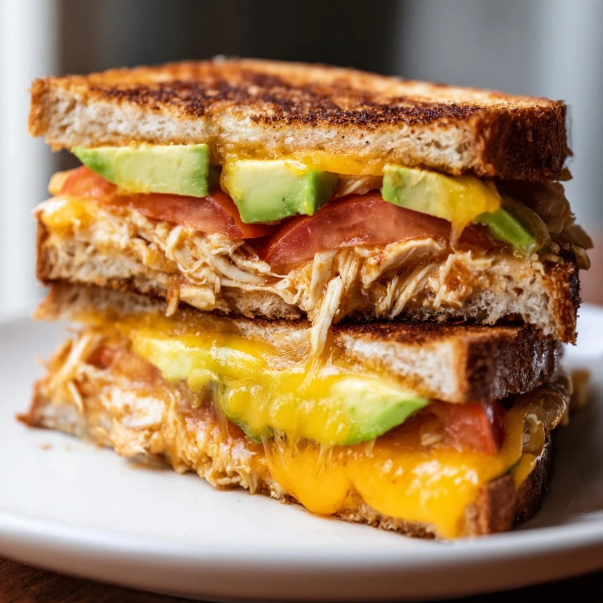 Sliced open chicken avocado melt sandwich showing layers of tender chicken, tomato, and melted cheese