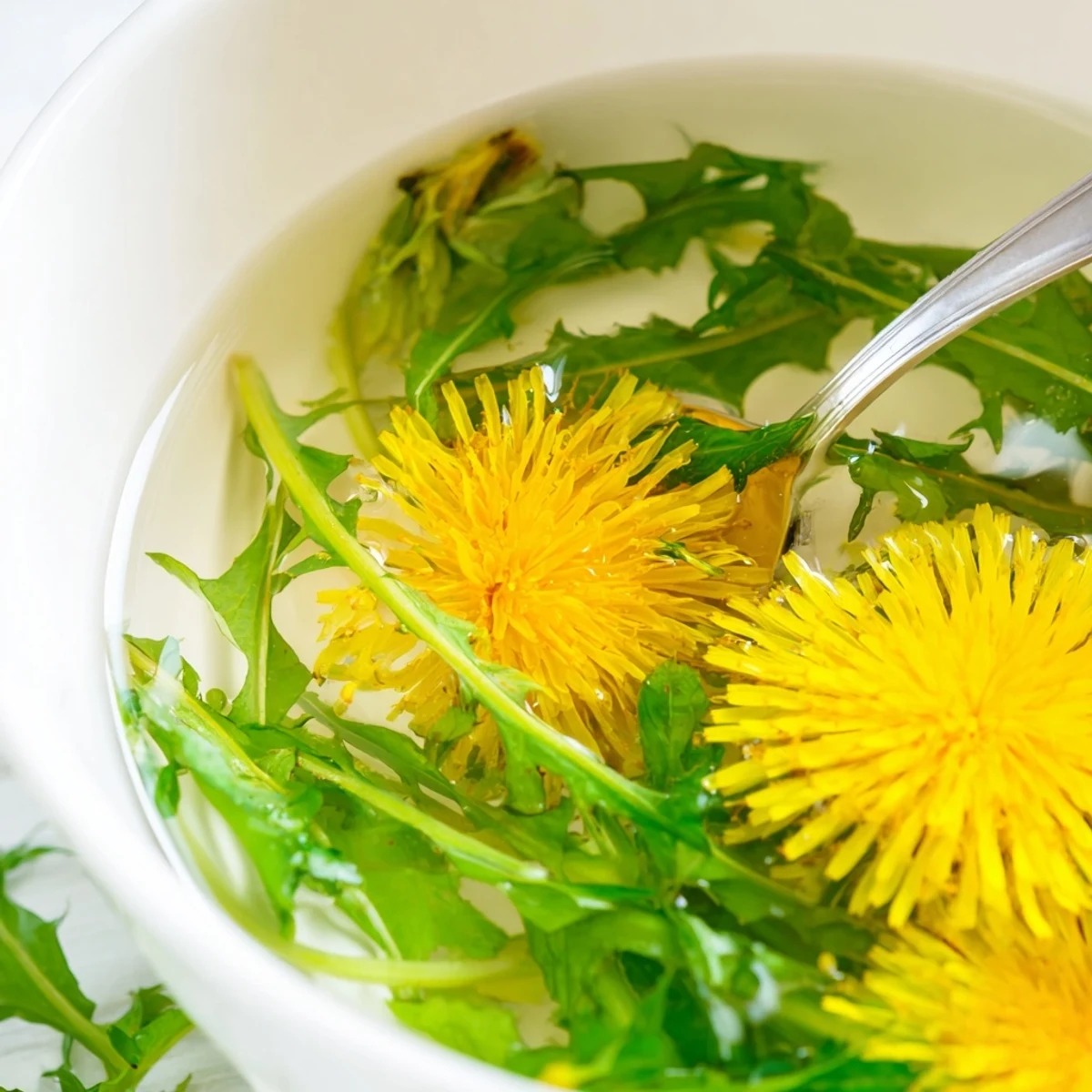 Warm dandelion tea infusion with floating petals served on rustic wooden table