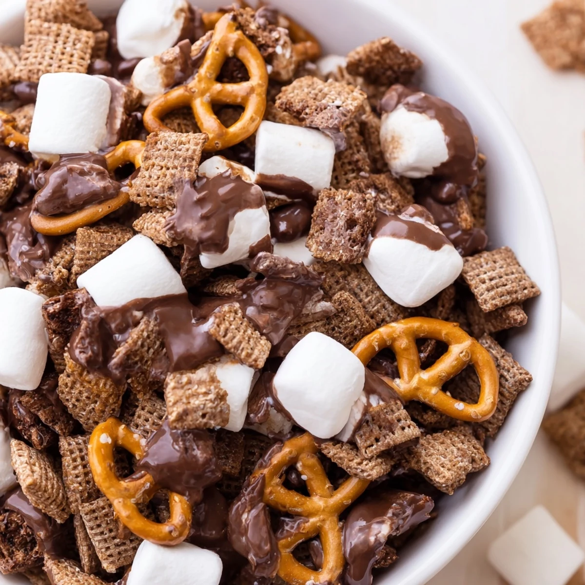 Golden graham cereal and pretzels tossed with marshmallows and milk chocolate chips in a colorful s'mores snack mix