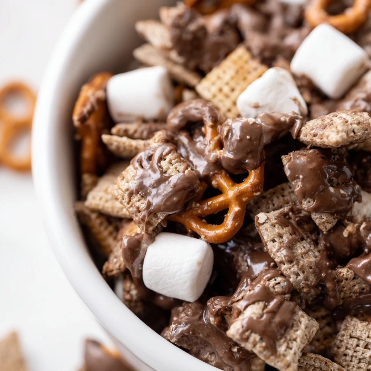 Crunchy sweet snack mix featuring graham cereal, salty pretzels, mini marshmallows and melted milk chocolate chunks
