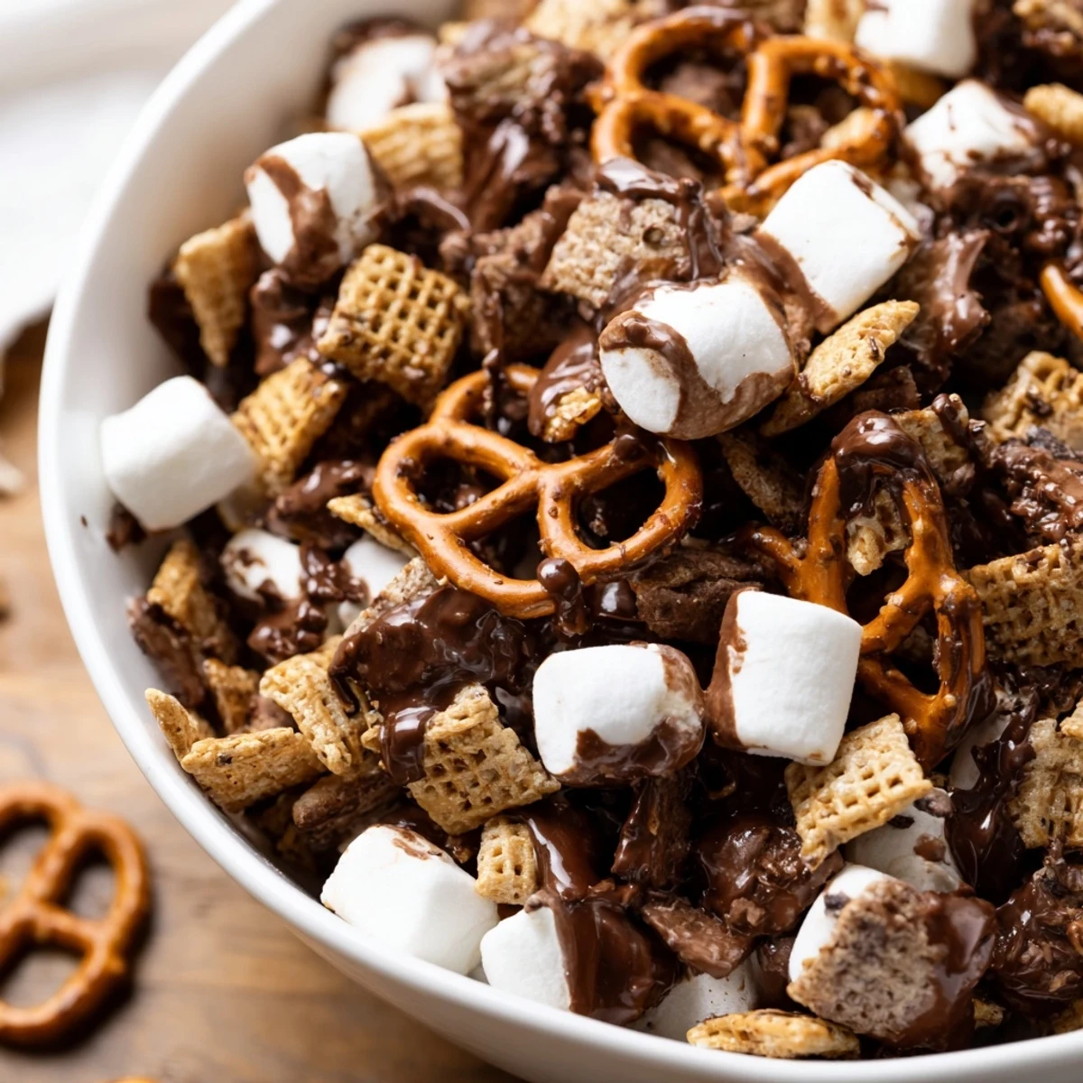 Delicious s'mores snack mix in a bowl with chocolate chips, marshmallows, cereal squares and mini pretzels