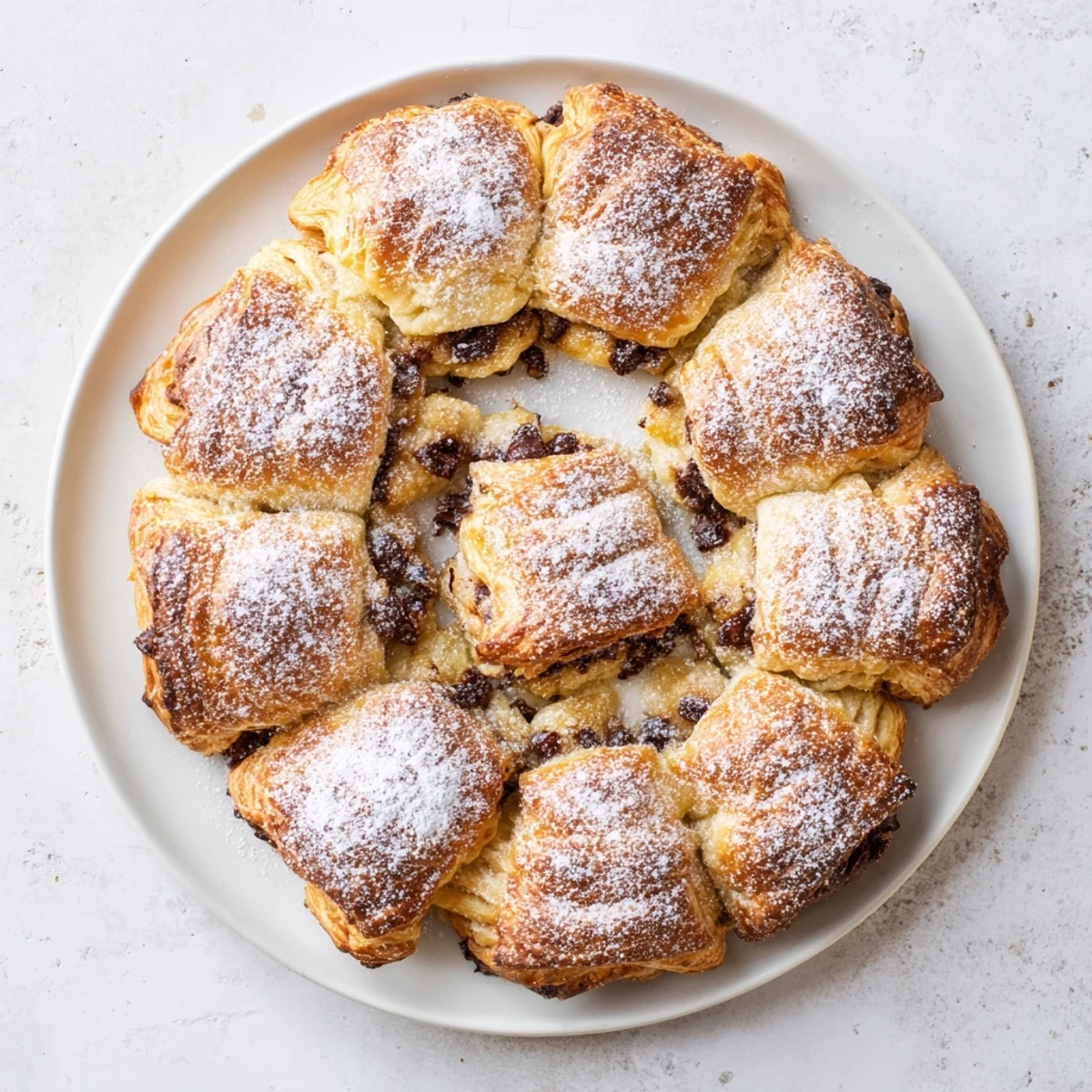 Golden chocolate croissant breakfast bake with melted chocolate chips and buttery pastry layers
