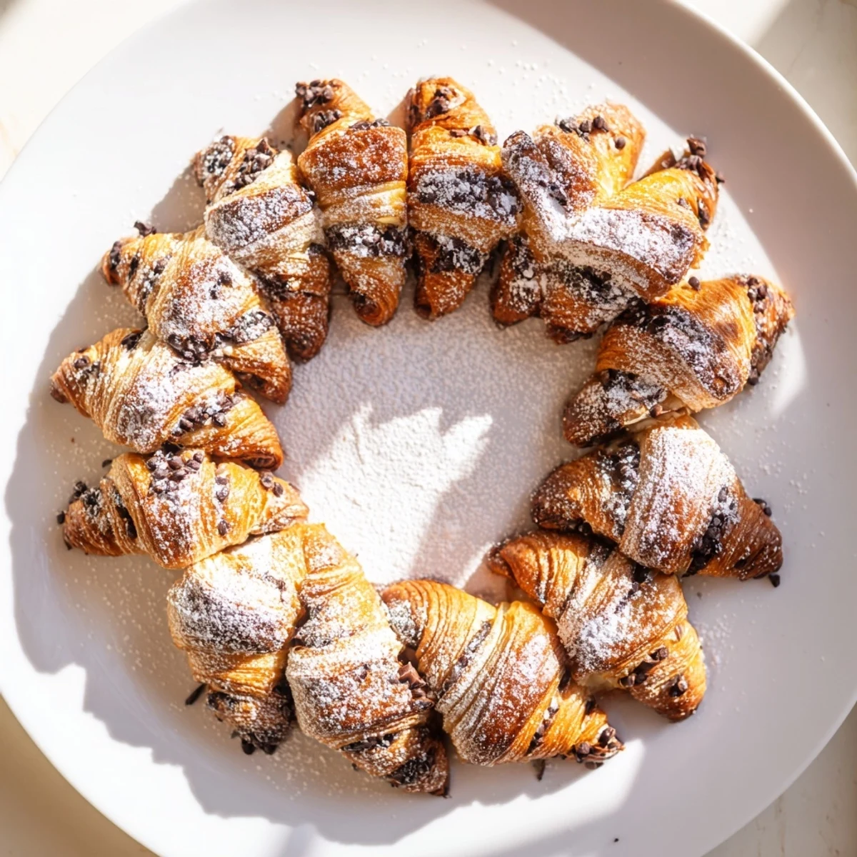 Decadent chocolate croissant breakfast bake served warm with powdered sugar dusting and fresh berries