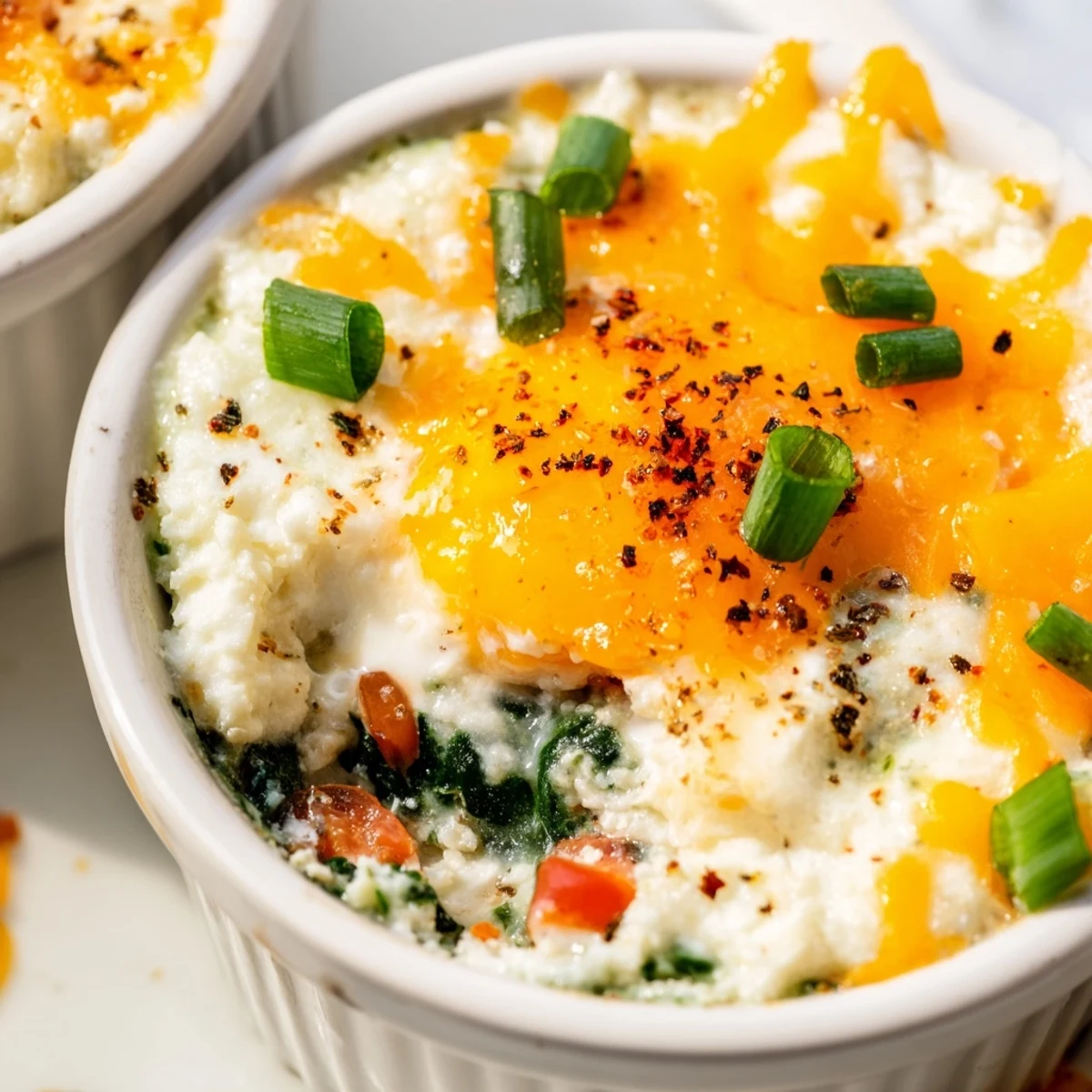 Golden baked cottage cheese eggs with melted cheese topping in individual ramekins