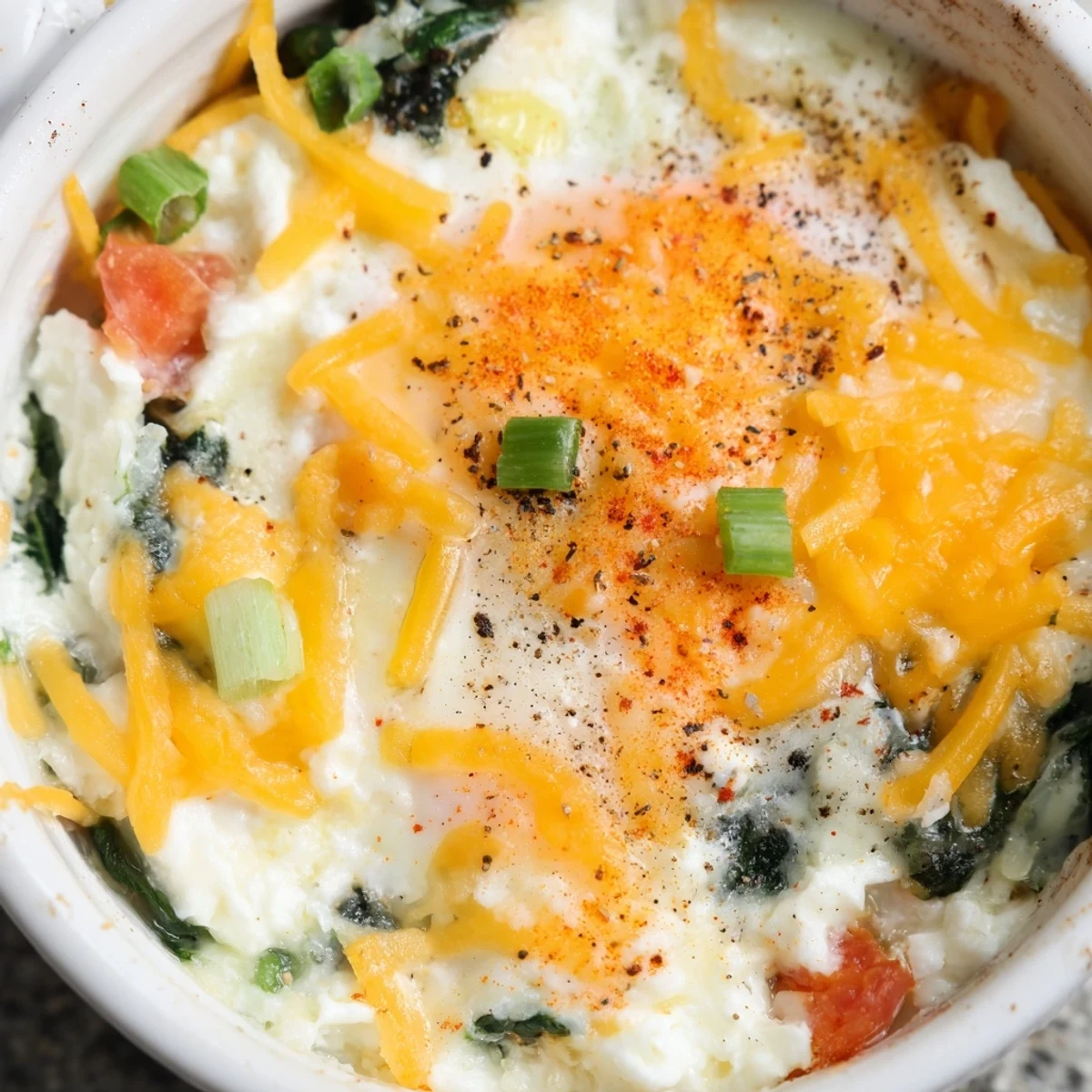 Creamy cottage cheese breakfast bake with spinach and perfectly set runny yolks