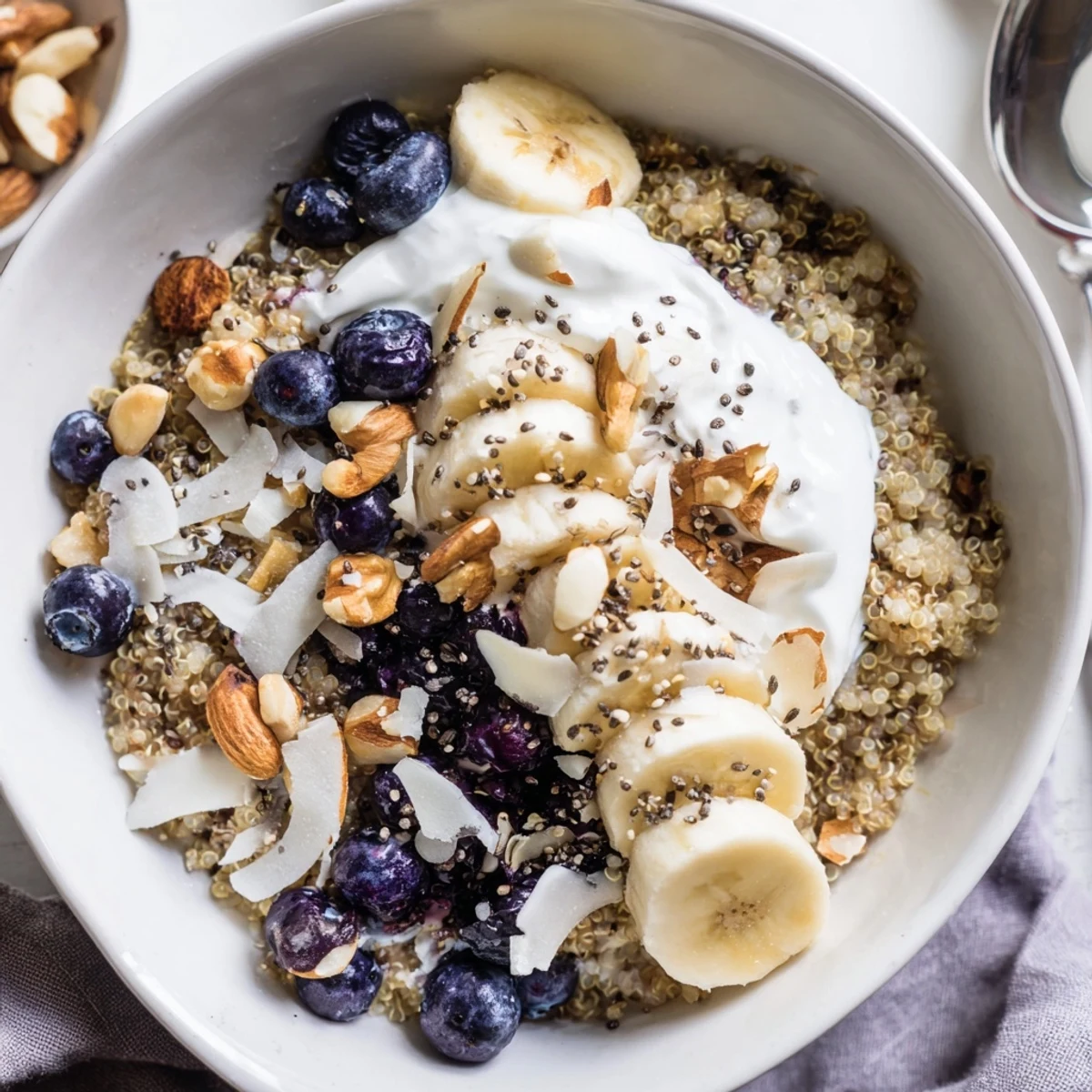 Creamy blueberry quinoa breakfast bowl topped with fresh banana slices, crunchy almonds, and chia seeds