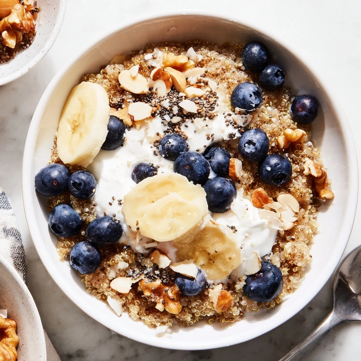 Vibrant blueberry quinoa breakfast bowl arranged with shredded coconut, walnuts, and colorful fresh fruit