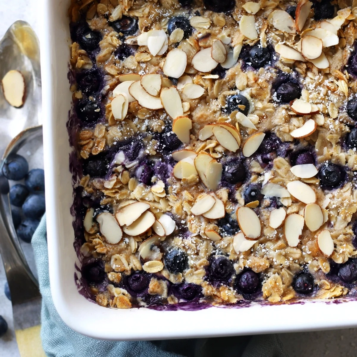 Golden blueberry cottage cheese breakfast bake with tender oats and juicy fruit bubbling on top