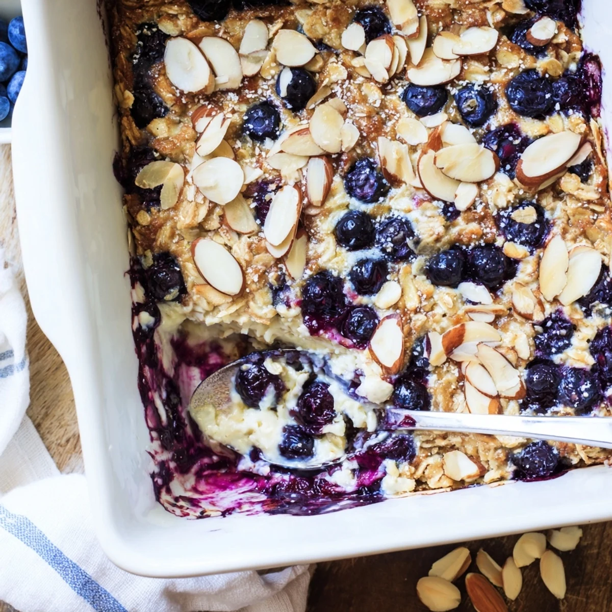 Warm baked oatmeal casserole studded with fresh blueberries and creamy cottage cheese, served in squares