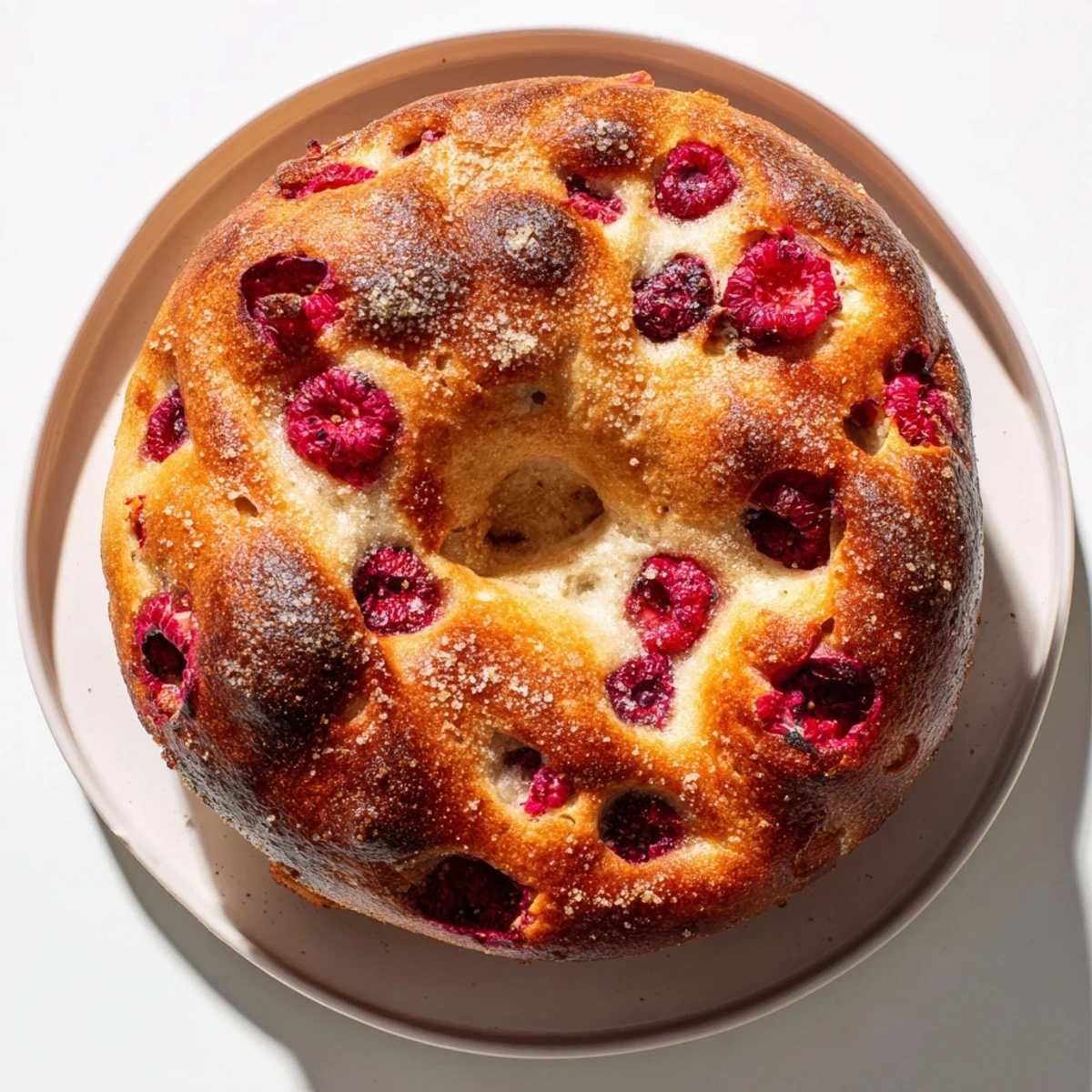 Close-up of raspberry sourdough bagels topped with demerara sugar after boiling