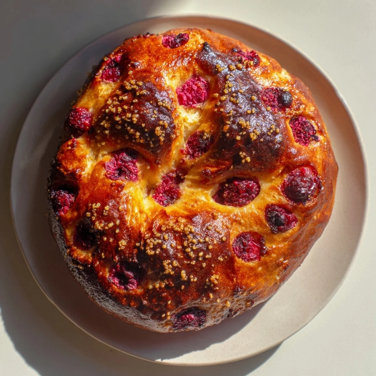 Warm raspberry sourdough bagels cooling on wire rack with tart berry pieces visible