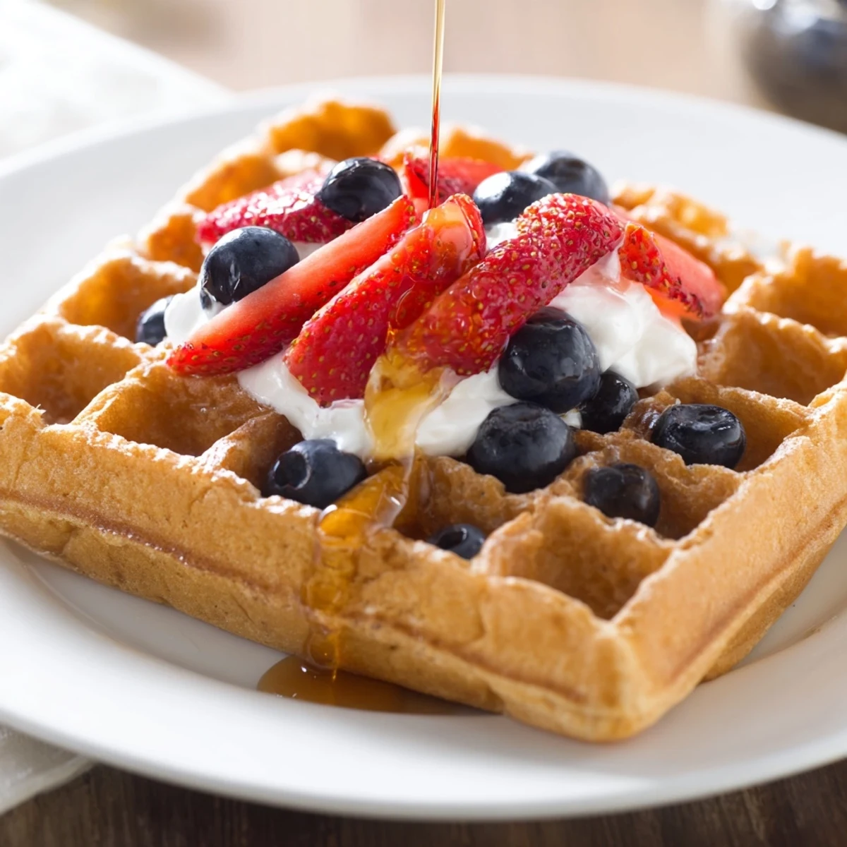 Golden brown Greek yogurt waffles stacked high with fresh berries and maple syrup