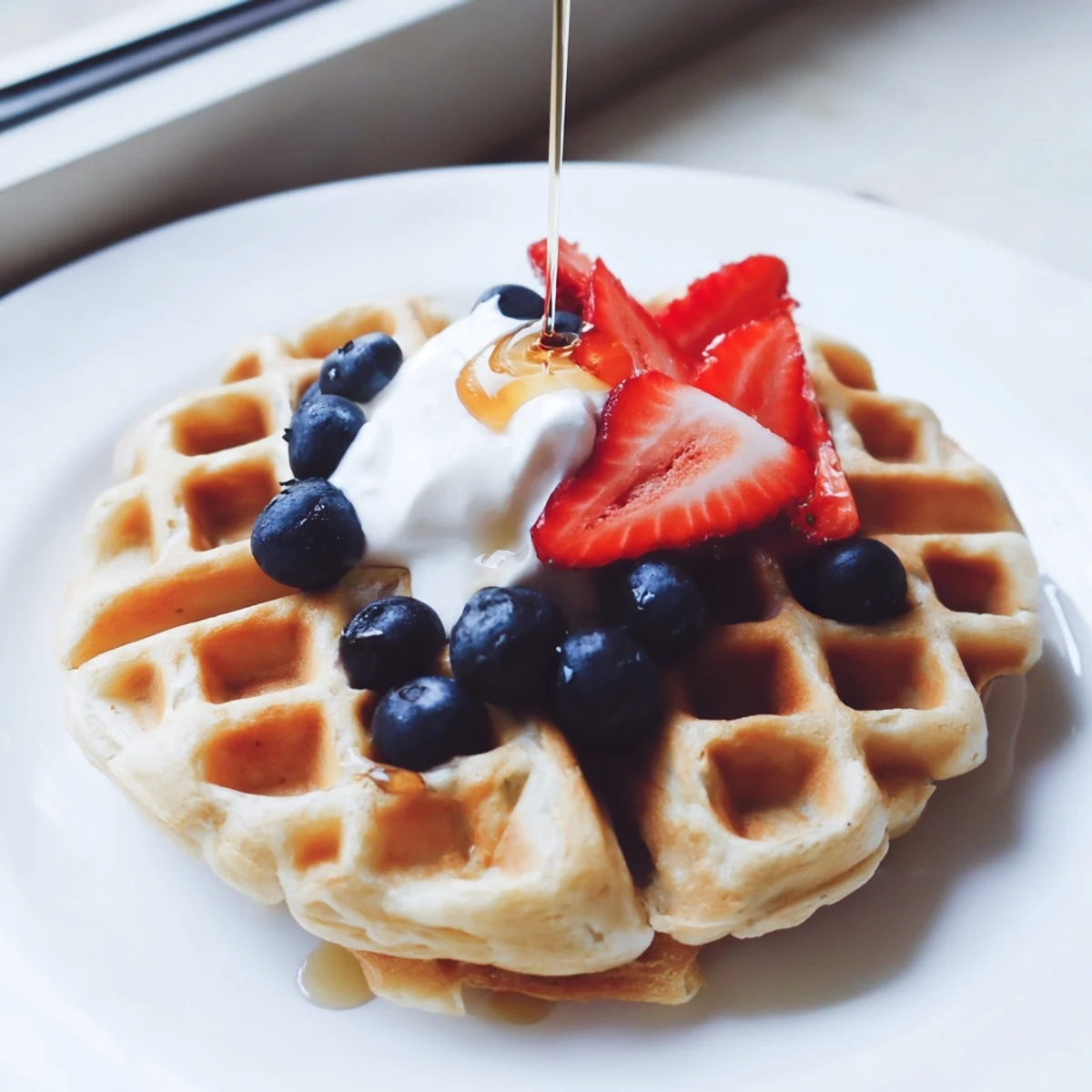 Crisp Greek yogurt waffles served warm on a white plate with honey drizzle