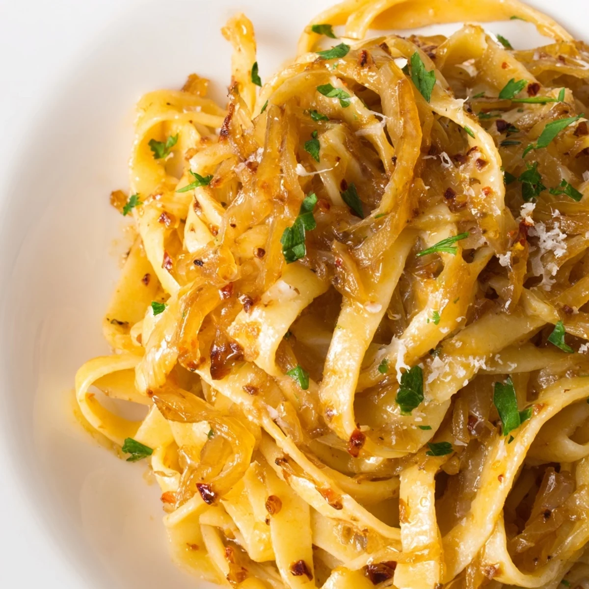Creamy Sweet Heat Caramelized Onion Fettuccine topped with fresh parsley and Parmesan cheese