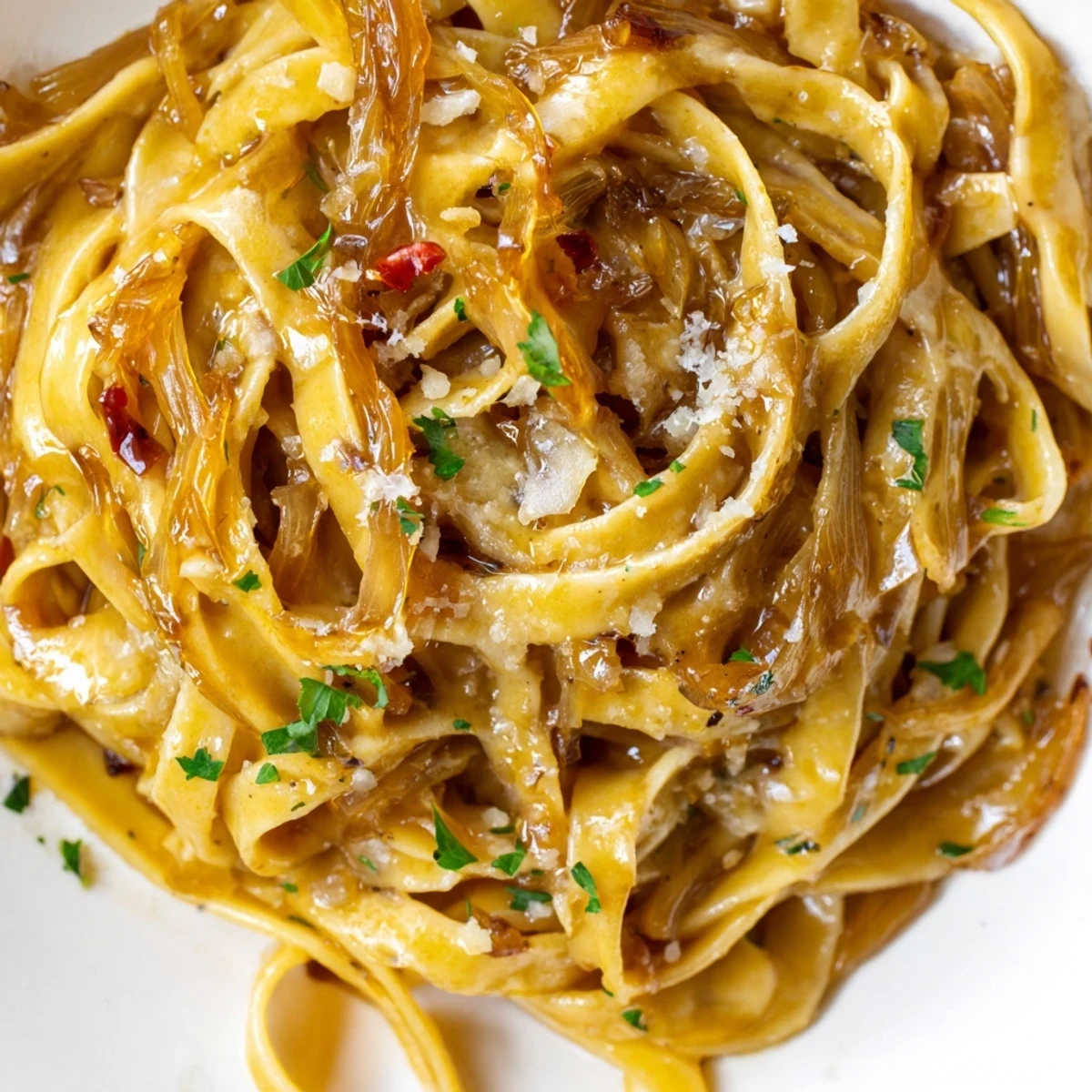Golden caramelized onions coat Sweet Heat Caramelized Onion Fettuccine in a creamy, spicy sauce