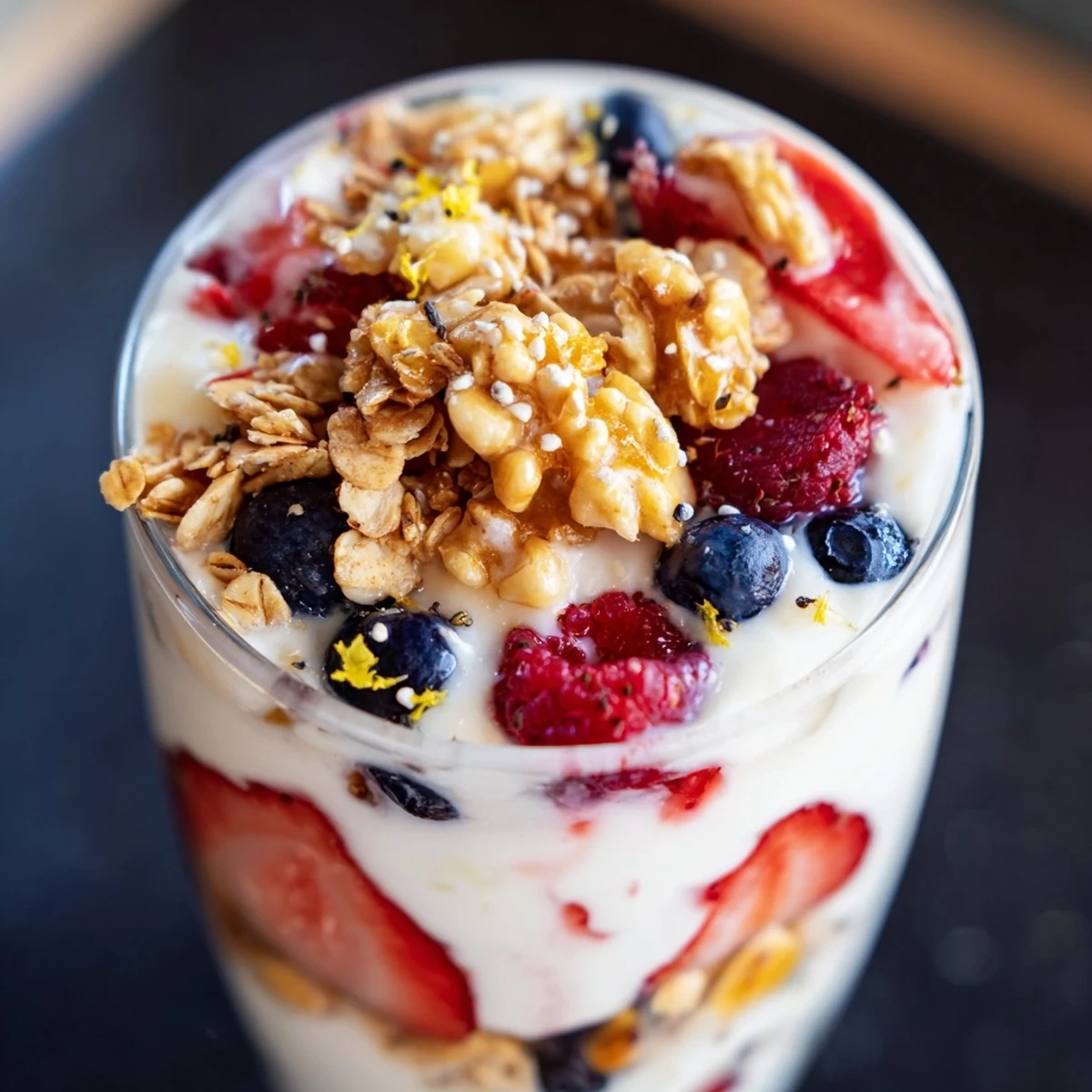 Creamy Greek yogurt parfait layered with fresh berries and golden granola in a glass