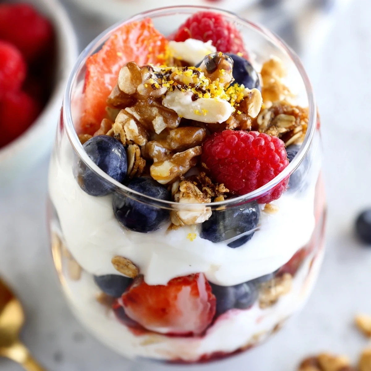 Greek yogurt parfait topped with vibrant mixed berries and crunchy oats for breakfast