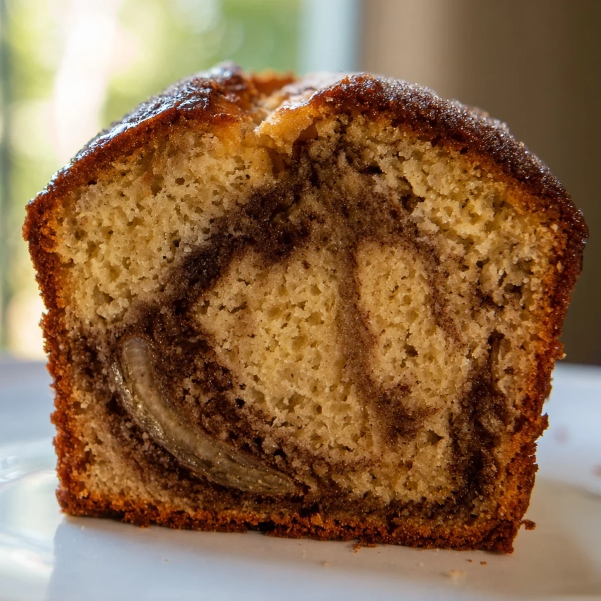 Moist cinnamon sugar swirl banana bread sliced thick on a rustic wooden cutting board